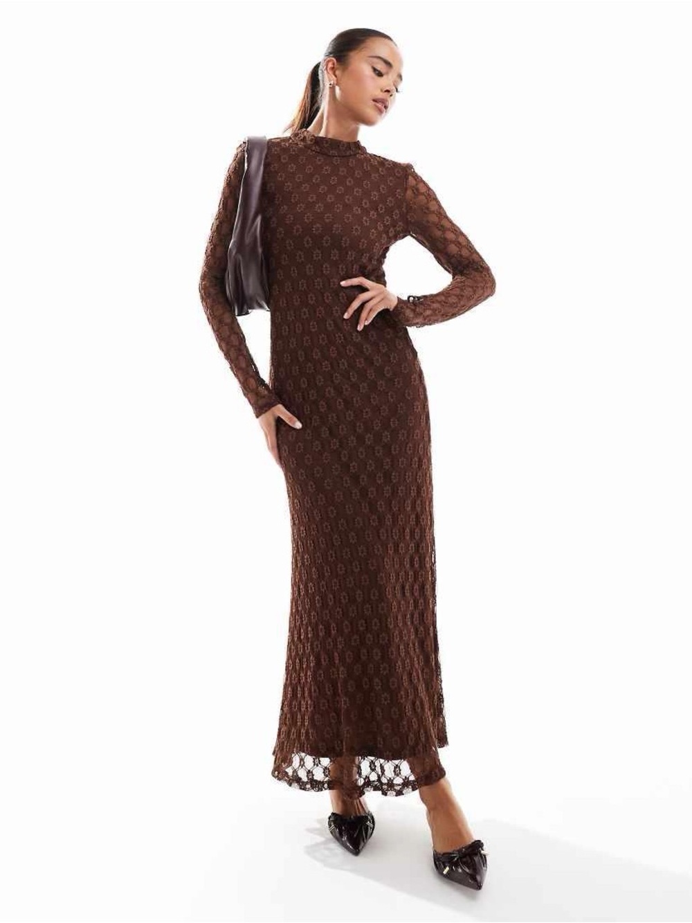 NWT Bardot Evannia Bell Sleeve Lace Maxi Dress Chocolate Brown XS